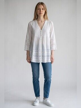 Roberta Roller Rabbit White Embroidered Smocked Cotton Tunic Blouse Size M Boho